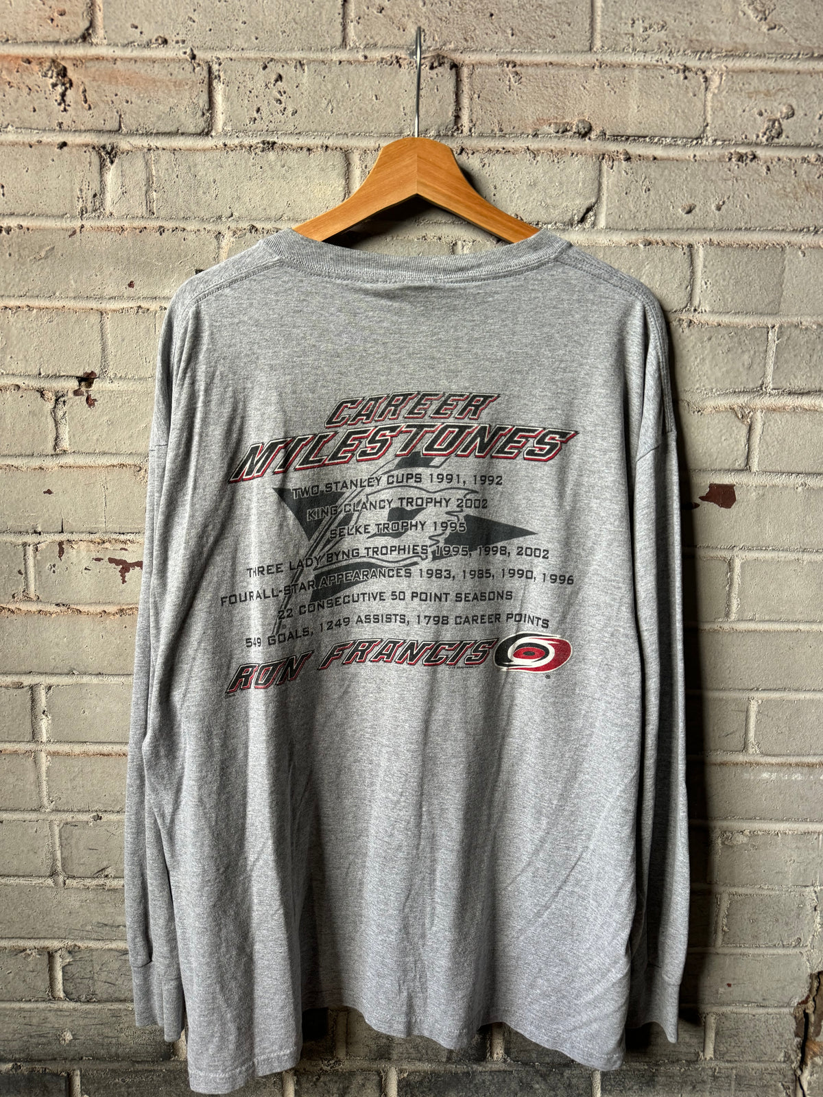 2006 Carolina Hurricanes Ron Francis Jersey Retirement Vintage Grey NHL Longsleeve Tee (XXL)