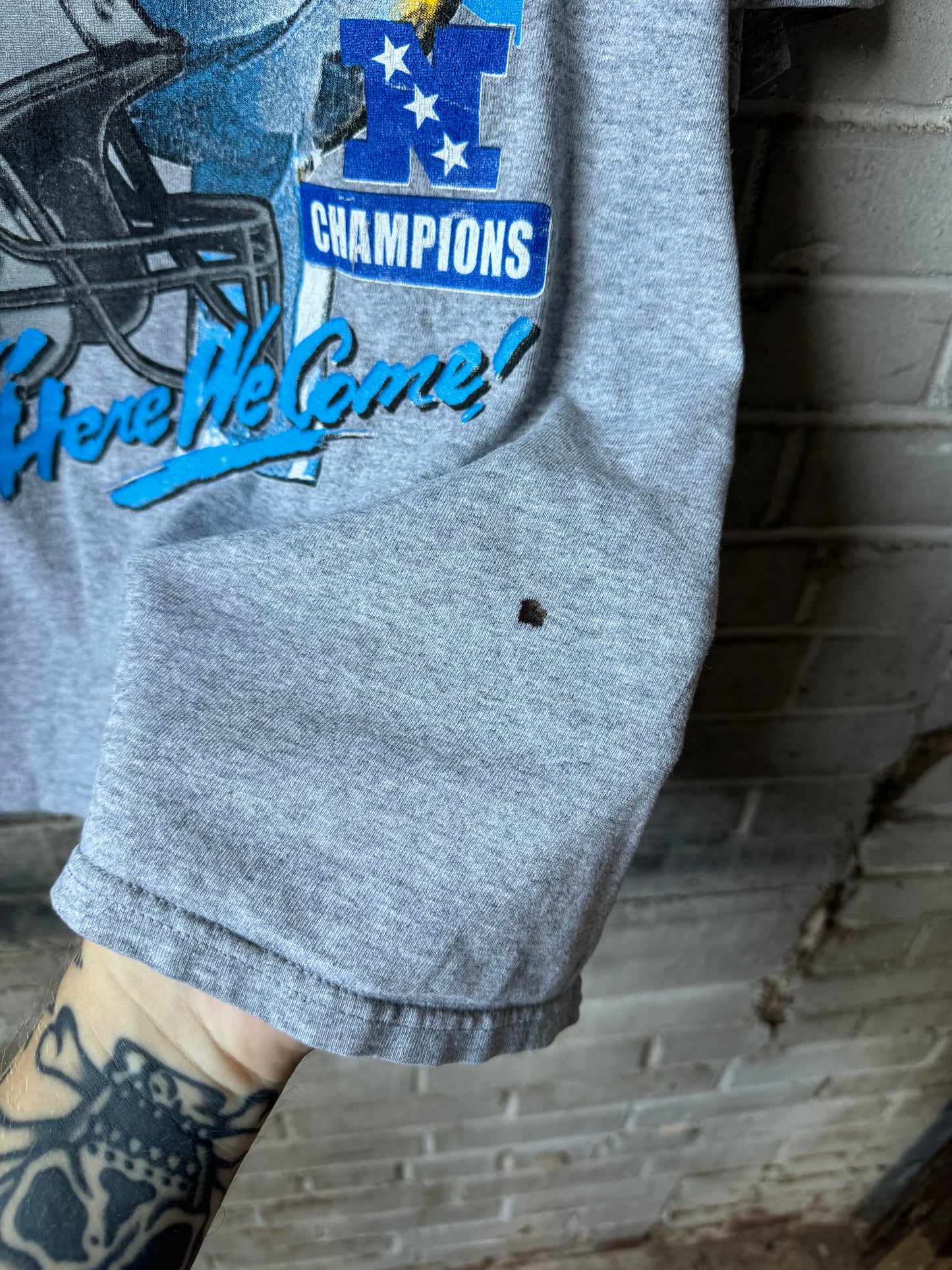 2004 Carolina Panthers Super Bowl XXXVIII “Houston, Here We Come” Vintage Grey Parking Lot Print NFL Tee (Boxy XXL)