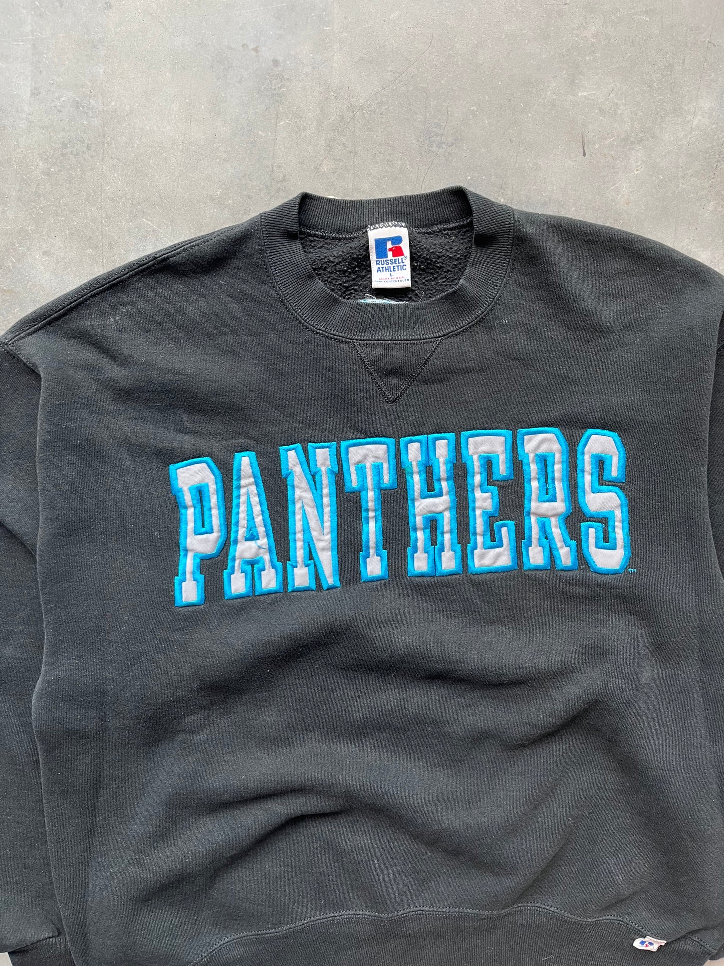 90's Carolina Panthers Russell Athletic Embroidered Spellout Crewneck Sweatshirt (Large)