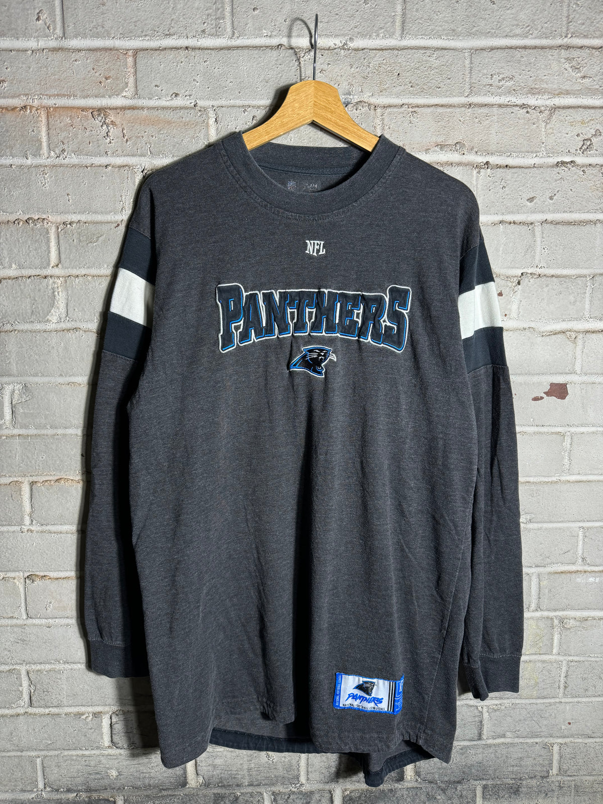 00’s Carolina Panthers Vintage Grey Ribbed Embroidered NFL Cotton Jersey Style NFL Longsleeve Tee (Large)