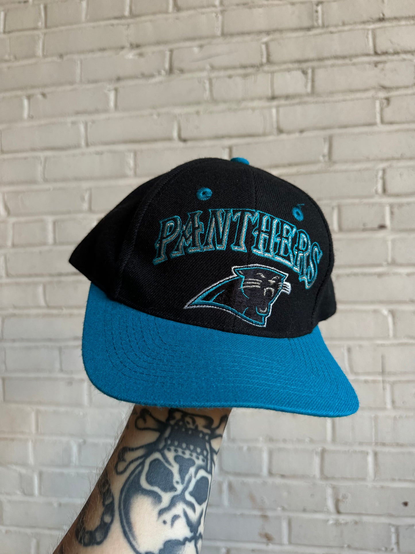 90’s Carolina Panthers Vintage Two Tone Spellout NFL Snapback Hat (OSFA)