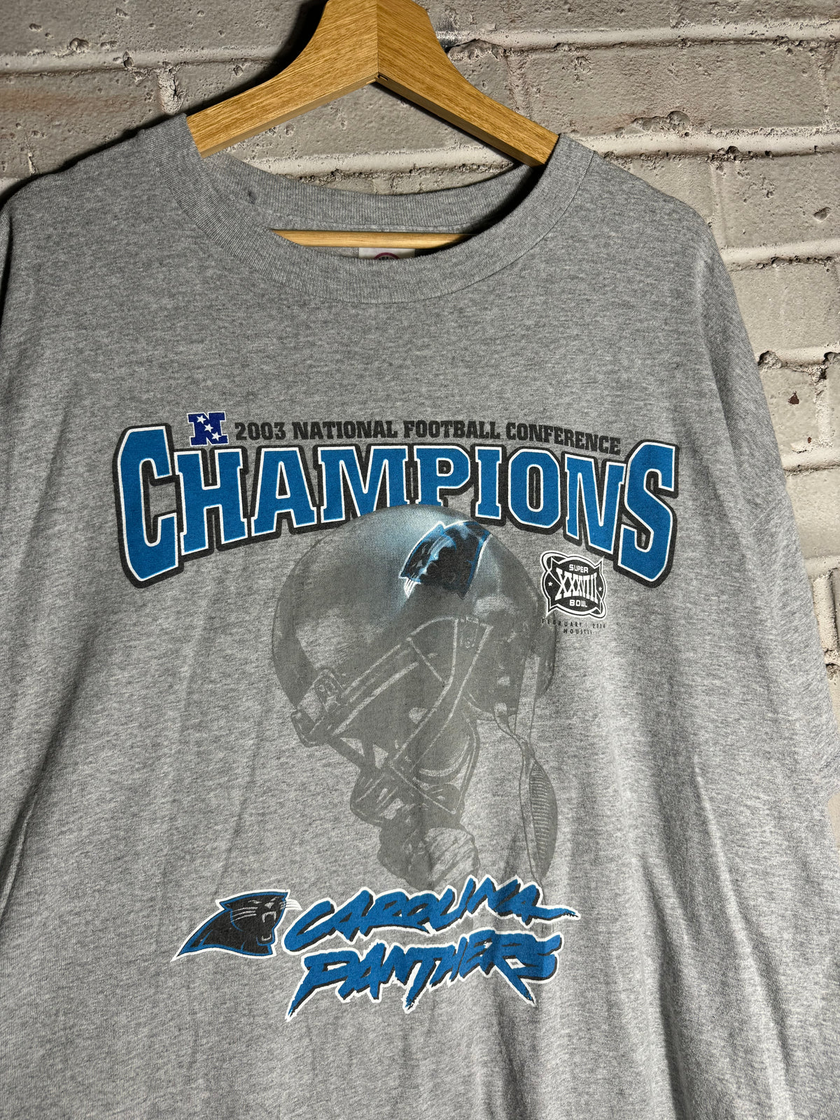 2003 Carolina Panthers Vintage NFC Champions Super Bowl XXXVIII Cat Scratch Font NFL Tee (XXL)