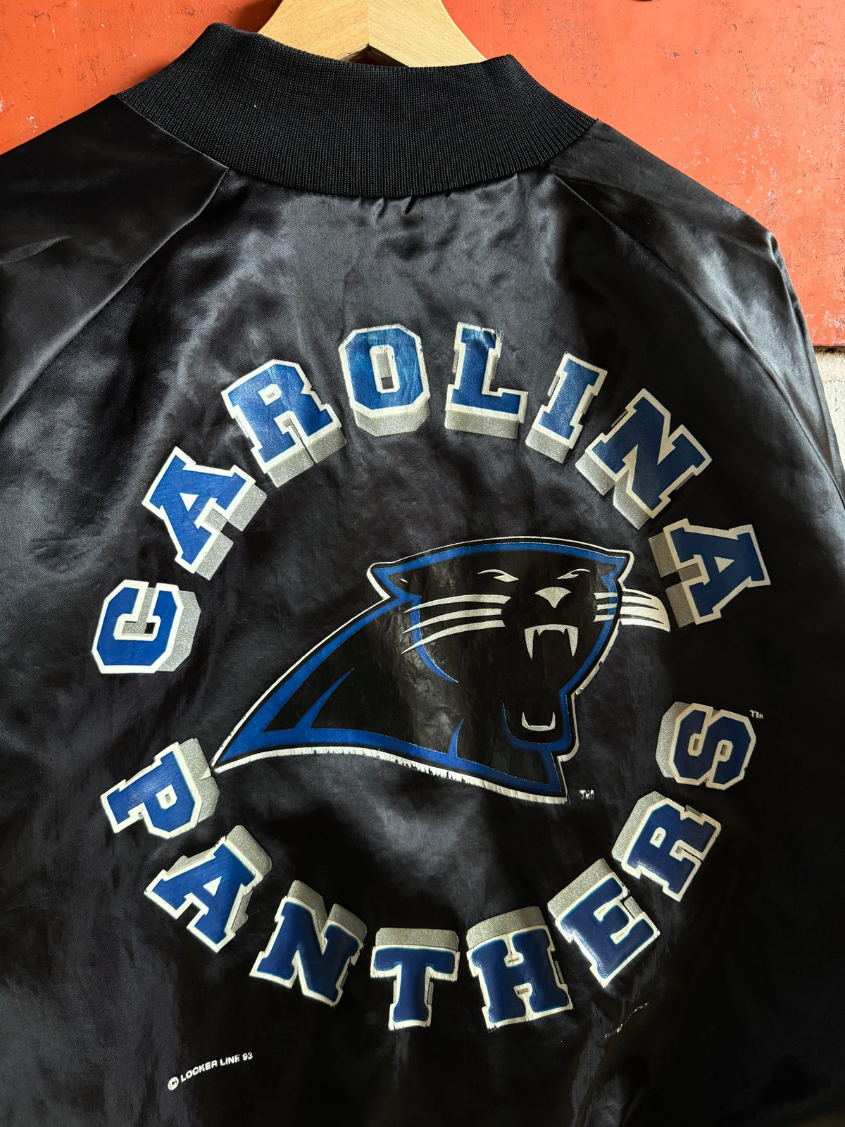 1993 Carolina Panthers Vintage Black Chalkline Sphere Logo NFL Satin Jacket (XL)