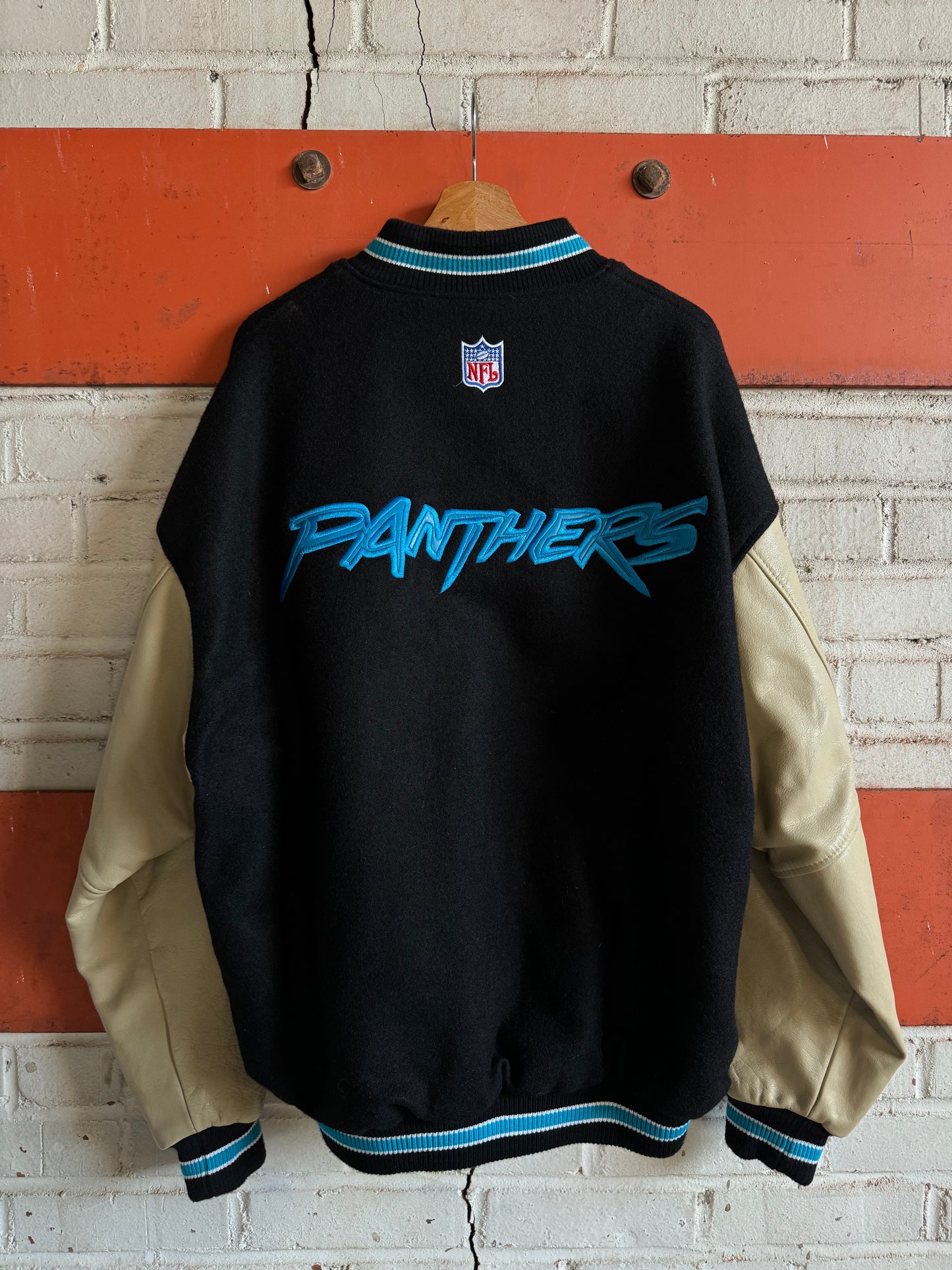 1999 Carolina Panthers Vintage Nike Cat Scratch Font Heavyweight Genuine Leather Sideline Varsity Jacket (XL)