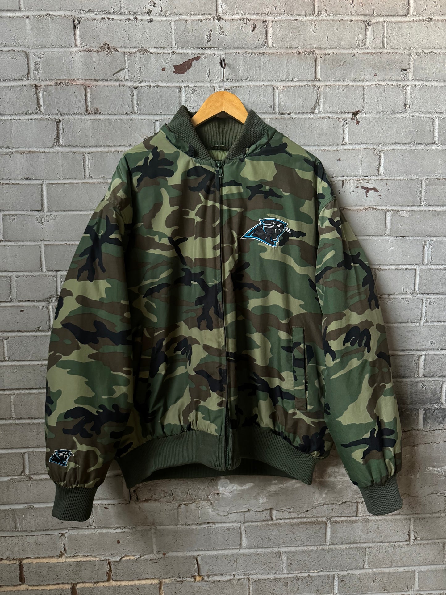00’s Carolina Panthers Vintage Cat Scratch Font Camo NFL Bomber Jacket (XL)