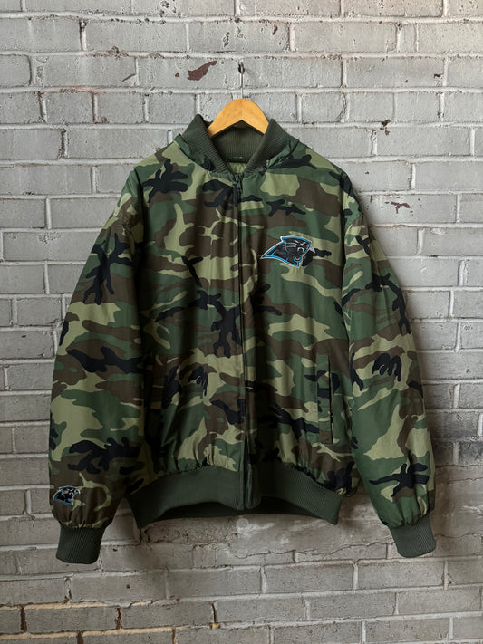 00’s Carolina Panthers Vintage Cat Scratch Font Camo NFL Bomber Jacket (XL)