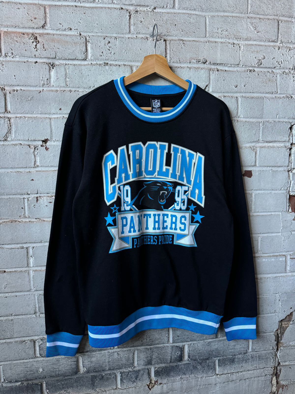 Carolina Panthers NFL Team Apparel Contrast Striped Crewneck (Small)