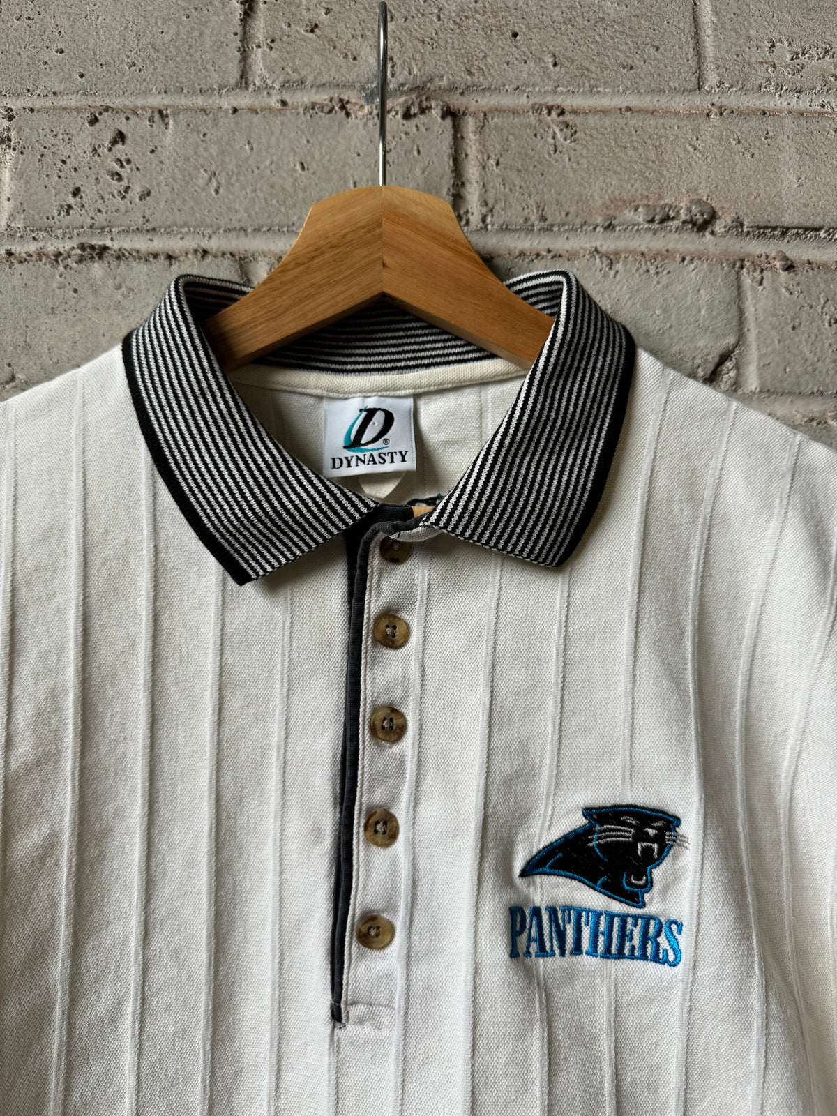 90’s Carolina Panthers Vintage Cream Ribbed Striped Heavyweight NFL Polo Collared Shirt (Medium)