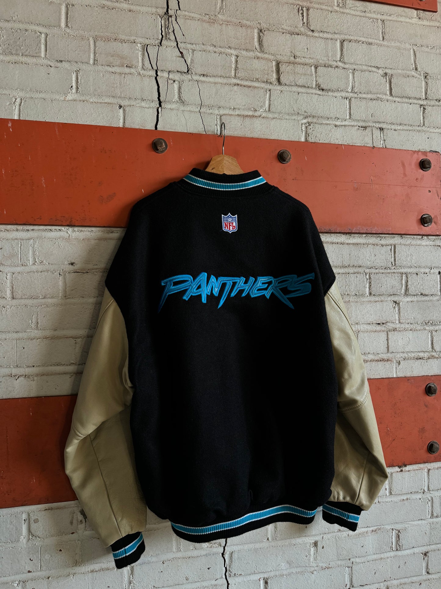 1999 Carolina Panthers Vintage Nike Cat Scratch Font Heavyweight Genuine Leather Sideline Varsity Jacket (XL)