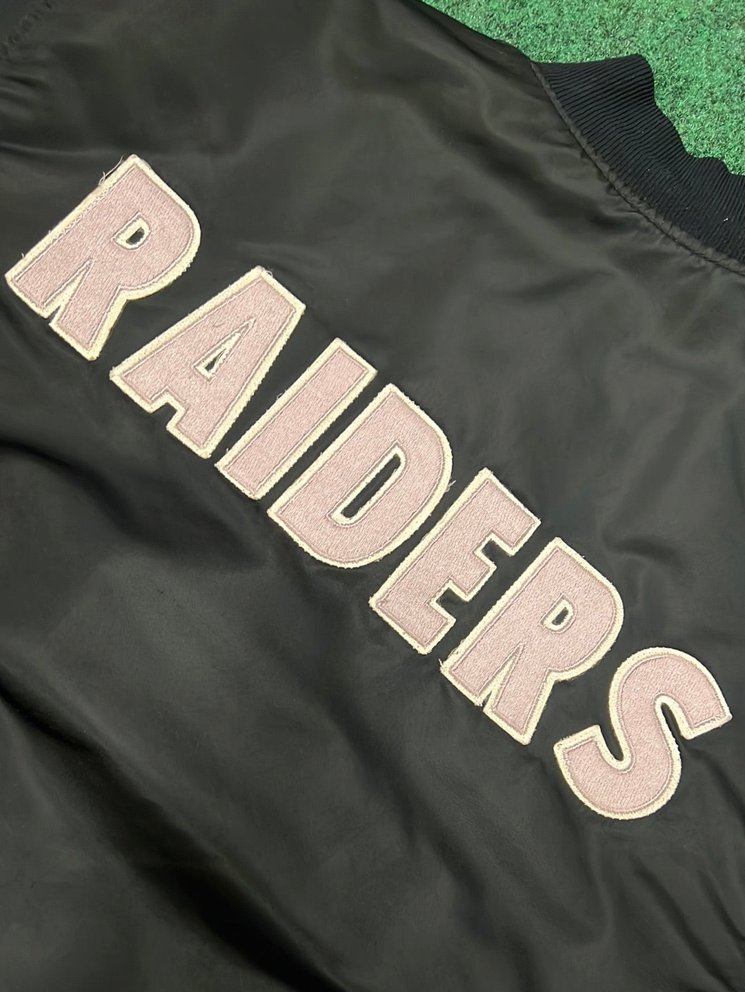 90’s Oakland Raiders Starter Satin Vintage NFL Bomber Jacket (Large)