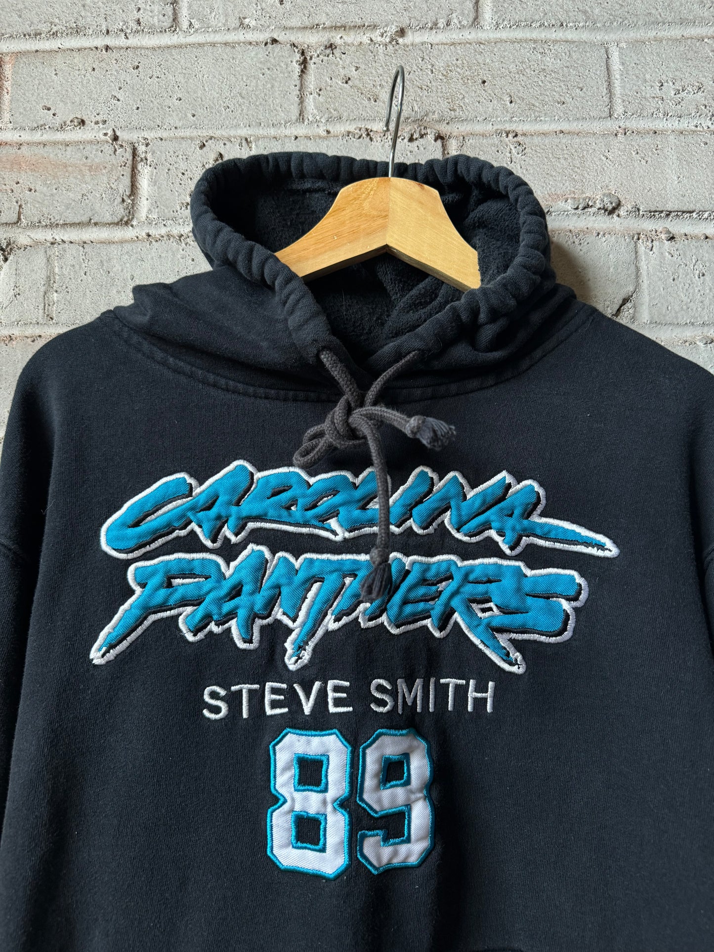 00’s Carolina Panthers Steve Smith Vintage Black Reebok Cat Scratch Font Fully Embroidered Hoodie (Medium)