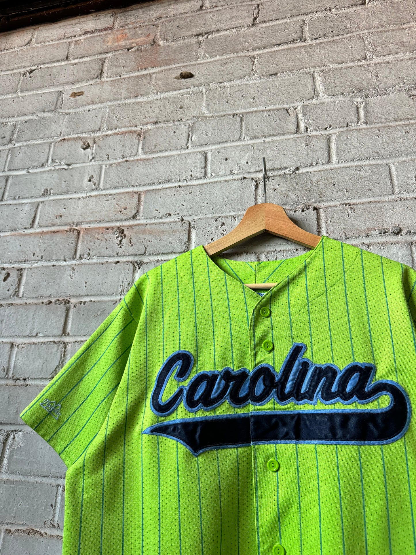 00’s UNC Carolina Tarheels Vintage Lime Green Pinstriped Baseball Jersey (Large)
