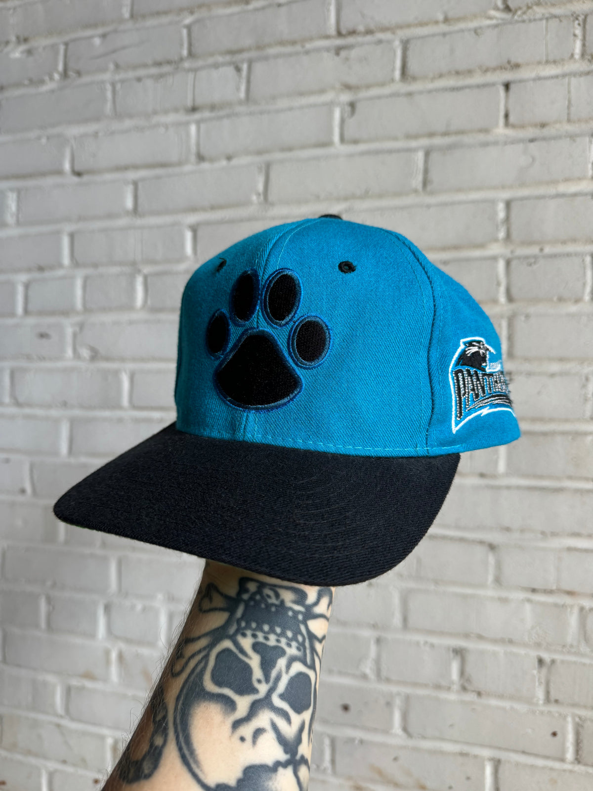 90’s Carolina Panthers Vintage Blue Black Wool Starter Paw Print Sir Purr NFL Snapback Hat (OSFA)