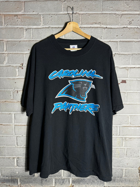 90’s Carolina Panthers Vintage Black Cat Scratch Font Jersey Mesh Print Big Logo NFL Tee (XL)