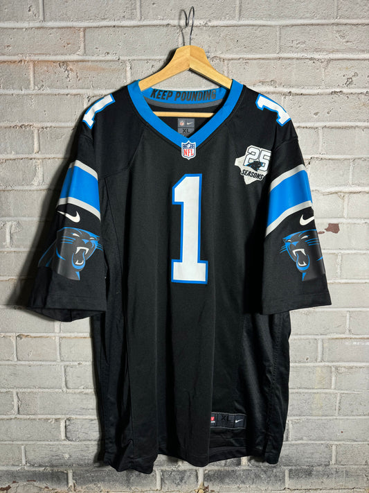2019 Carolina Panthers Cam Newton 25th Season Anniversary Patch Black Nike Game NFL Jersey (XL)