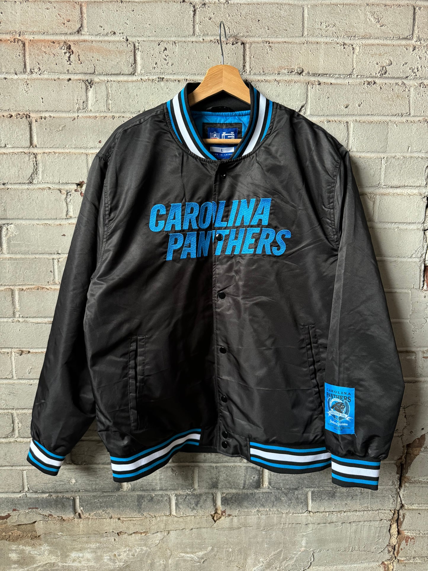 Carolina Panthers Black Ultra Game Embroidered Logo NFL Satin Jacket (Large)