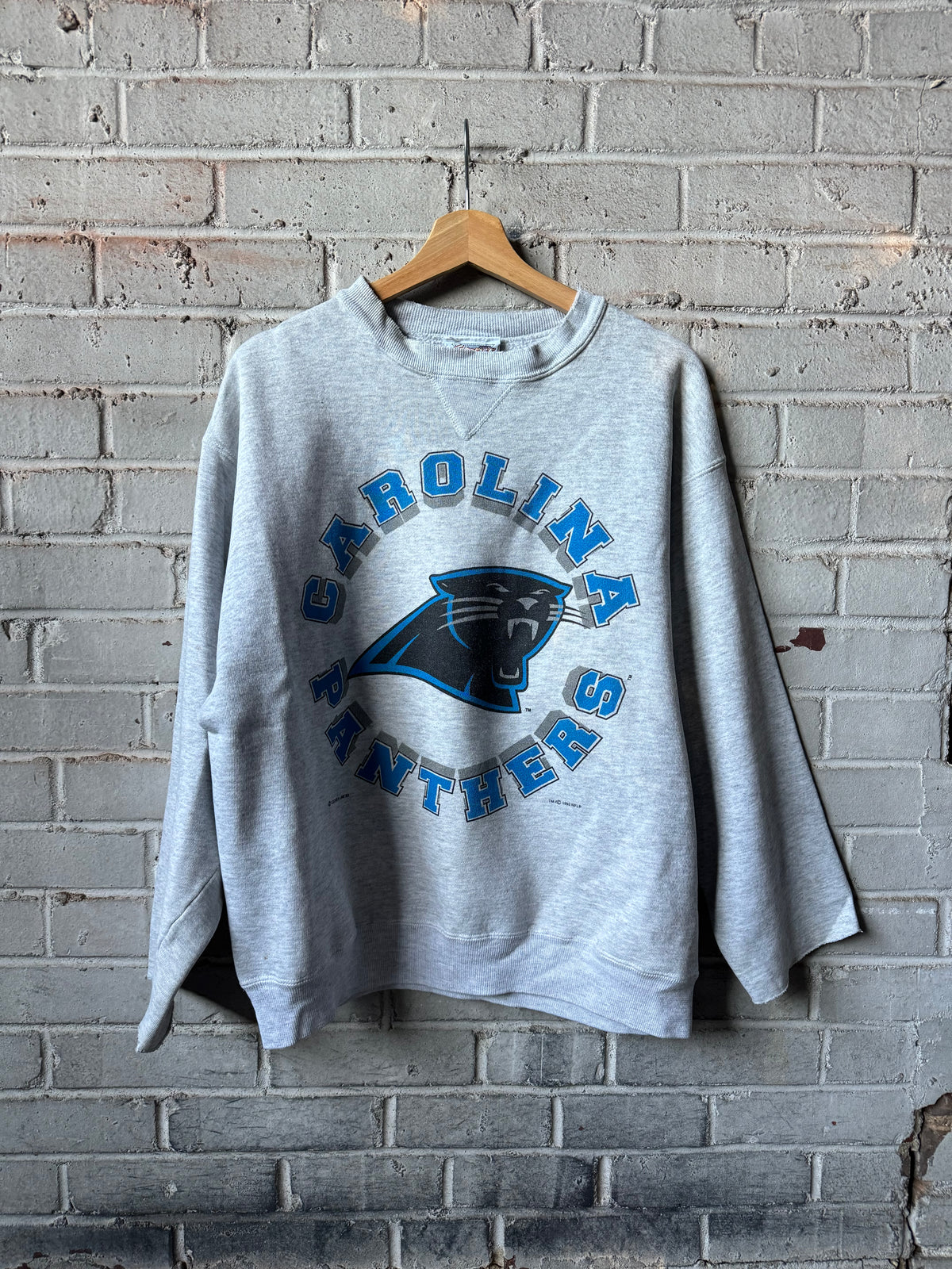 1993 Carolina Panthers Vintage Heather Grey Sphere Spellout Logo Chopped NFL Crewneck (Large)