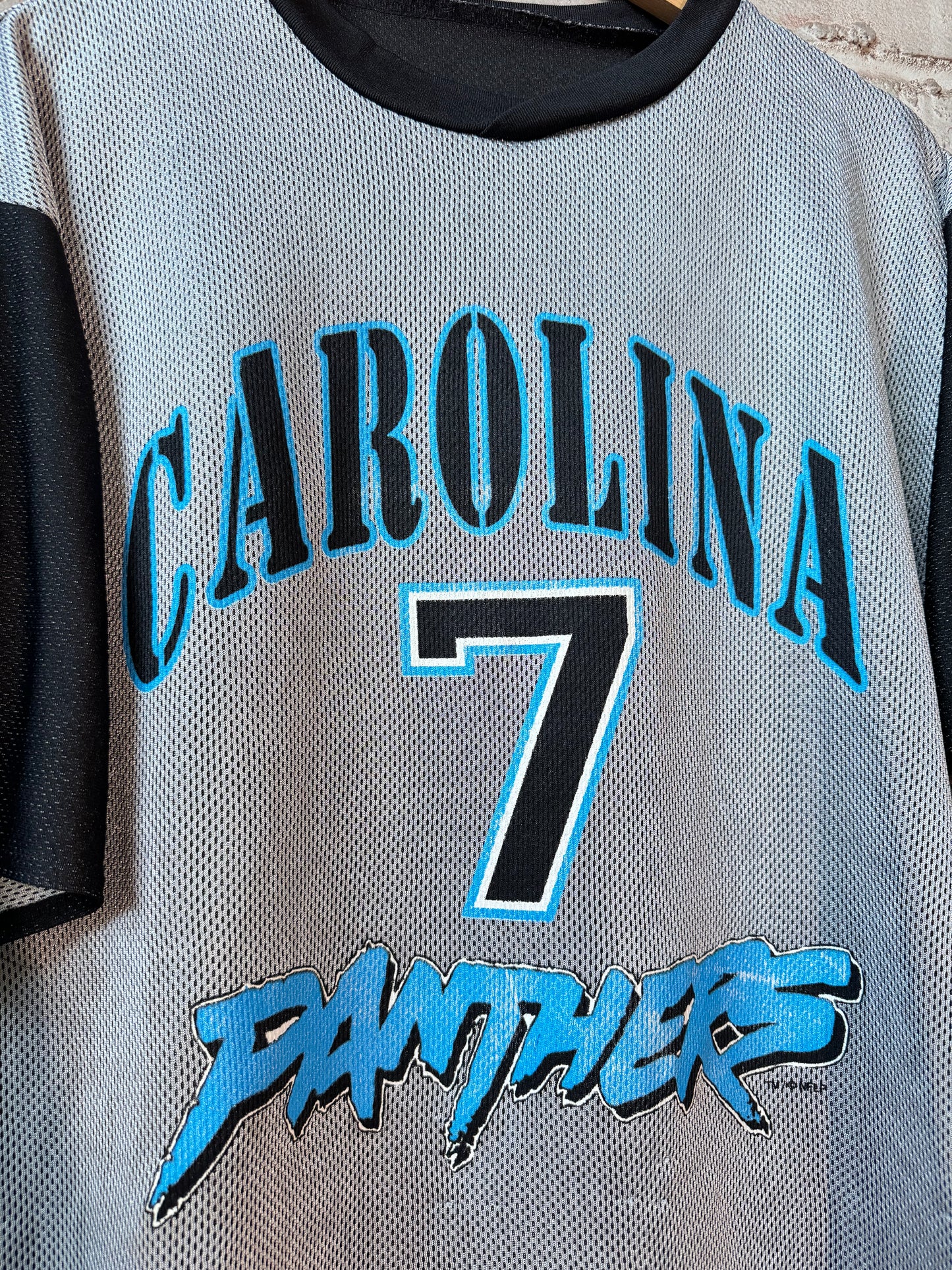 2000 Carolina Panthers Steve Beuerlein Vintage Silver Cat Scratch Font NFL Jersey Tee (XL)