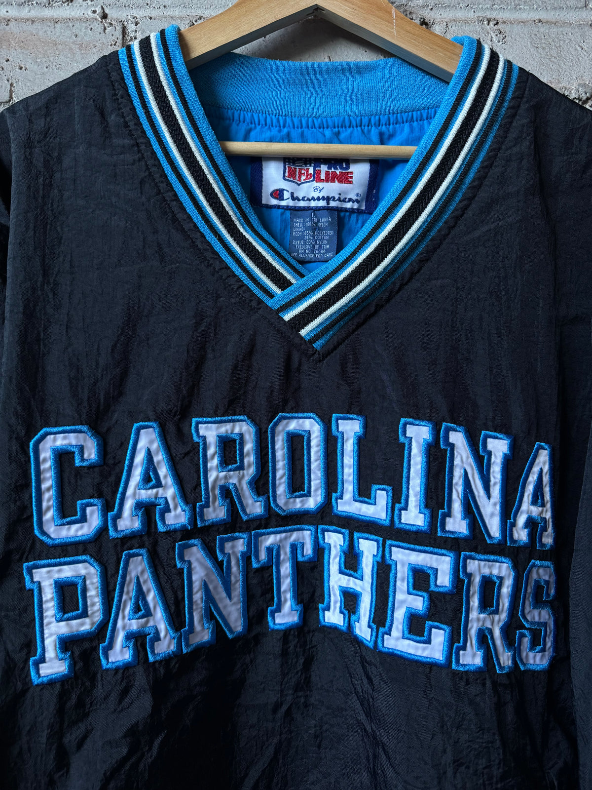 90’s Carolina Panthers Vintage Black Champion NFL Pro Line Cotton Lined Nylon Sideline NFL Pullover Jacket (Large)