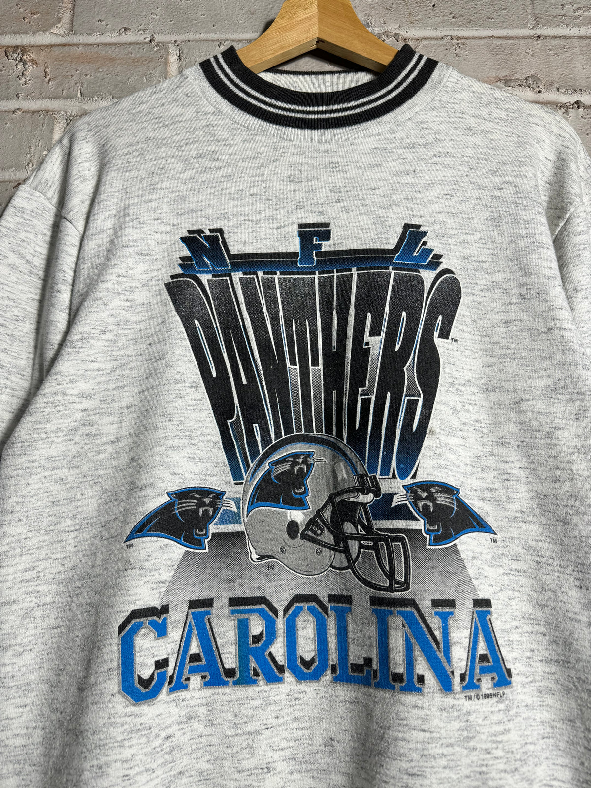 1995 Carolina Panthers Vintage Heather Grey Contrast Ribbing Inaugural Season NFL Crewneck (Medium)