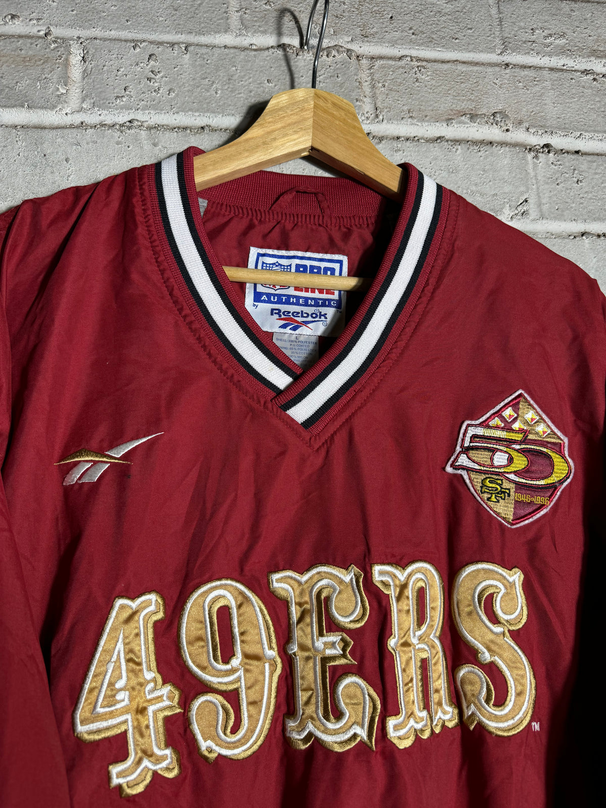 1996 San Francisco 49ers 50th Season Anniversary Patch Vintage Red Reebok NFL Pro Line Sideline Pullover Jacket (Large)