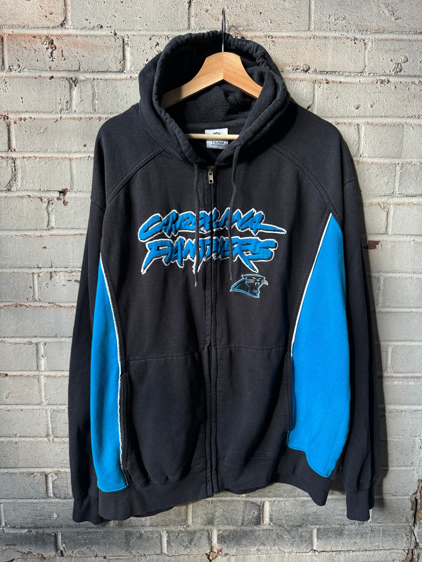 00’s Carolina Panthers Vintage Black Cat Scratch Font Embroidered Heavyweight NFL Zip Up Hoodie (XL)