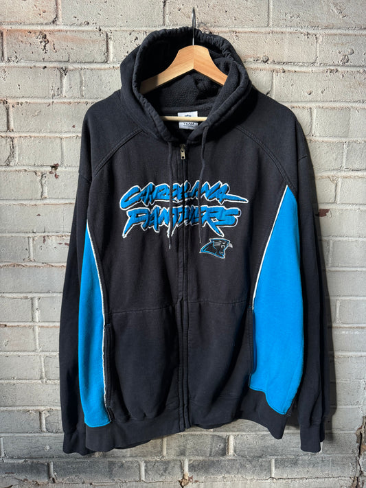 00’s Carolina Panthers Vintage Black Cat Scratch Font Embroidered Heavyweight NFL Zip Up Hoodie (XL)