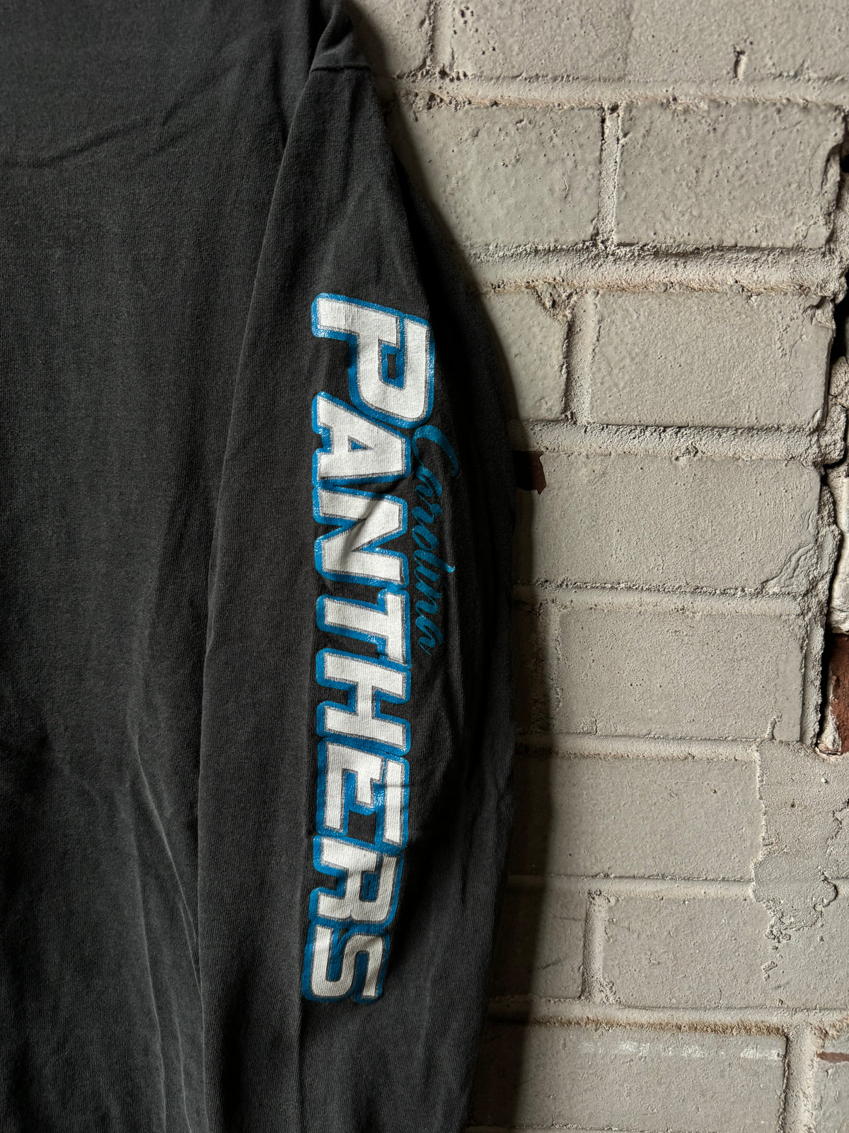 00’s Carolina Panthers Vintage Faded Black Spellout NFL Longsleeve Tee (Medium)