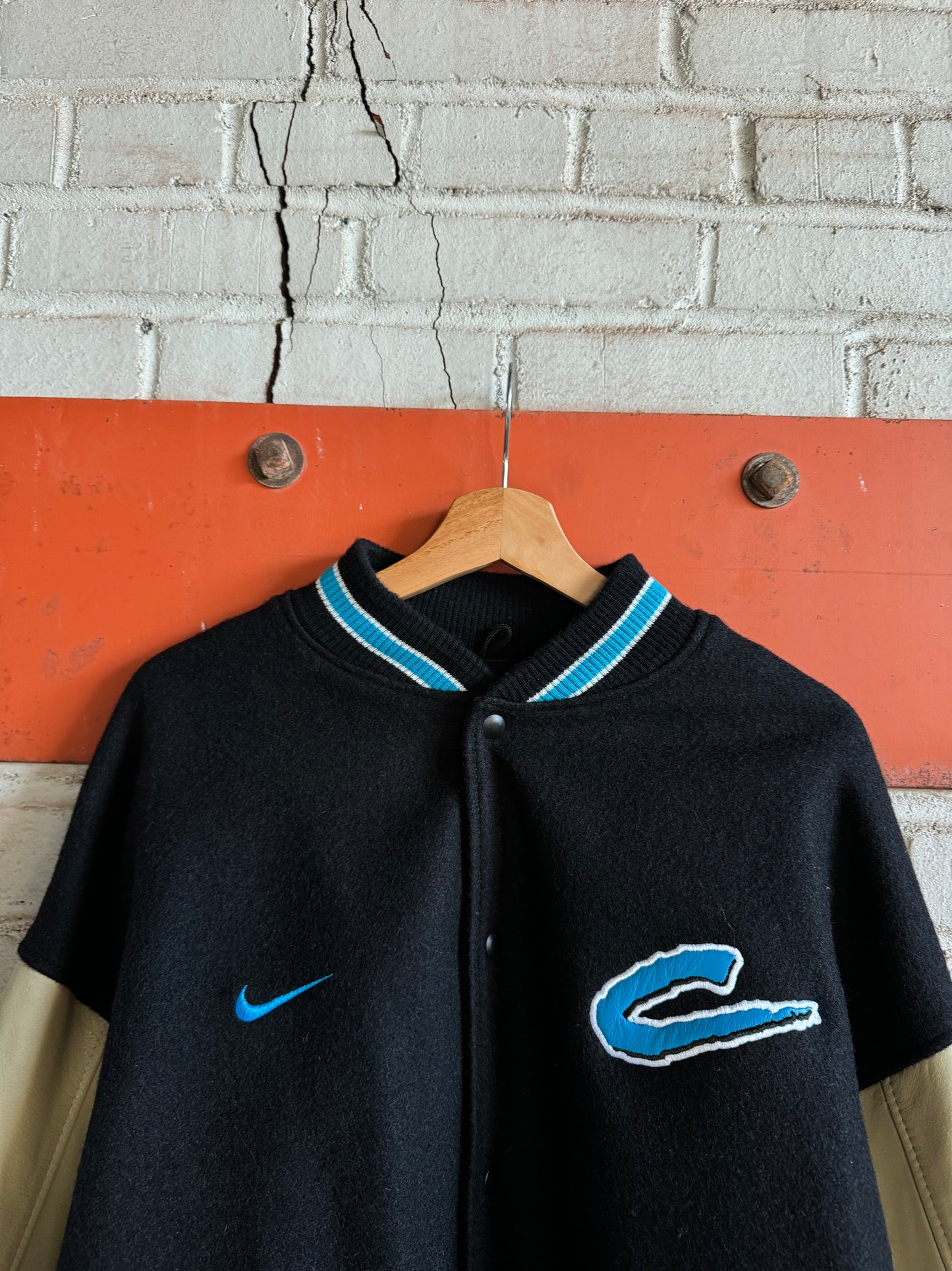 1999 Carolina Panthers Vintage Nike Cat Scratch Font Heavyweight Genuine Leather Sideline Varsity Jacket (XL)