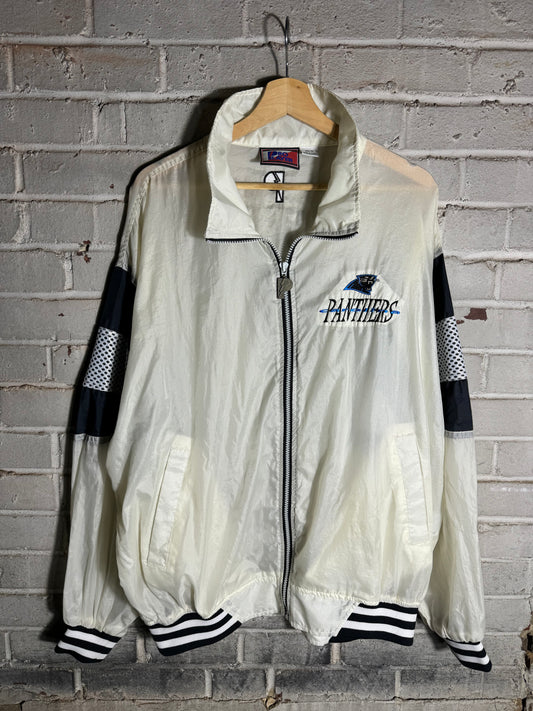 90’s Carolina Panthers Vintage White Pro Player Sleeve Striped NFL Windbreaker Jacket (Large)