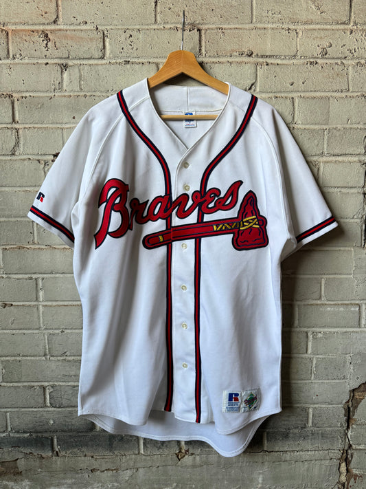 90’s Atlanta Braves Vintage Russell Athletic Embroidered Authentic MLB Baseball Jersey (44/Large)