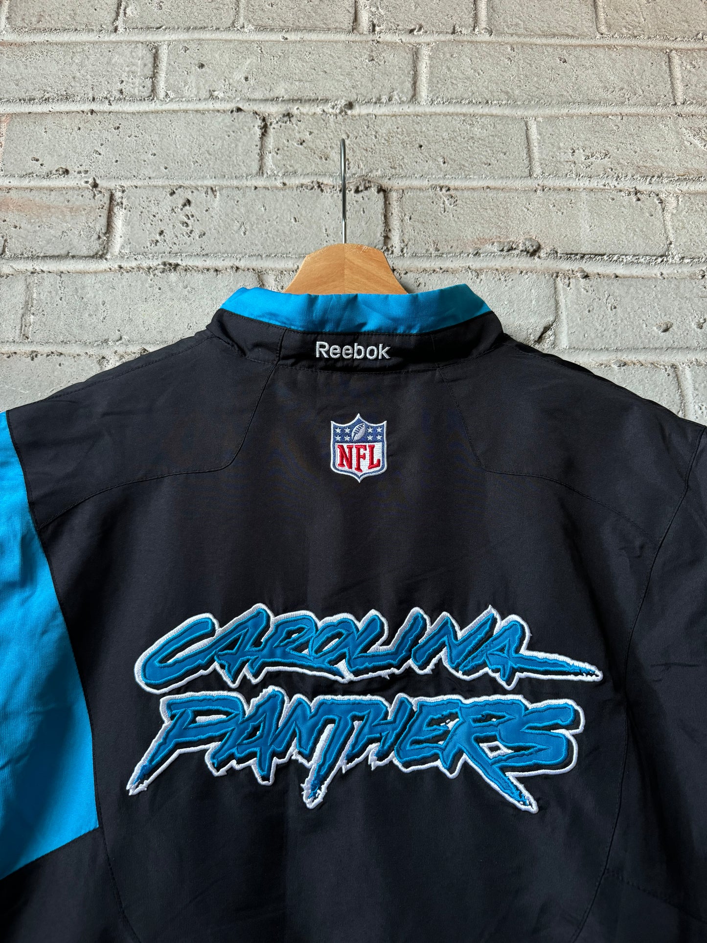 00’s Carolina Panthers Vintage Black Reebok Cat Scratch Font Embroidered Team Issued Sideline Vest (Large)