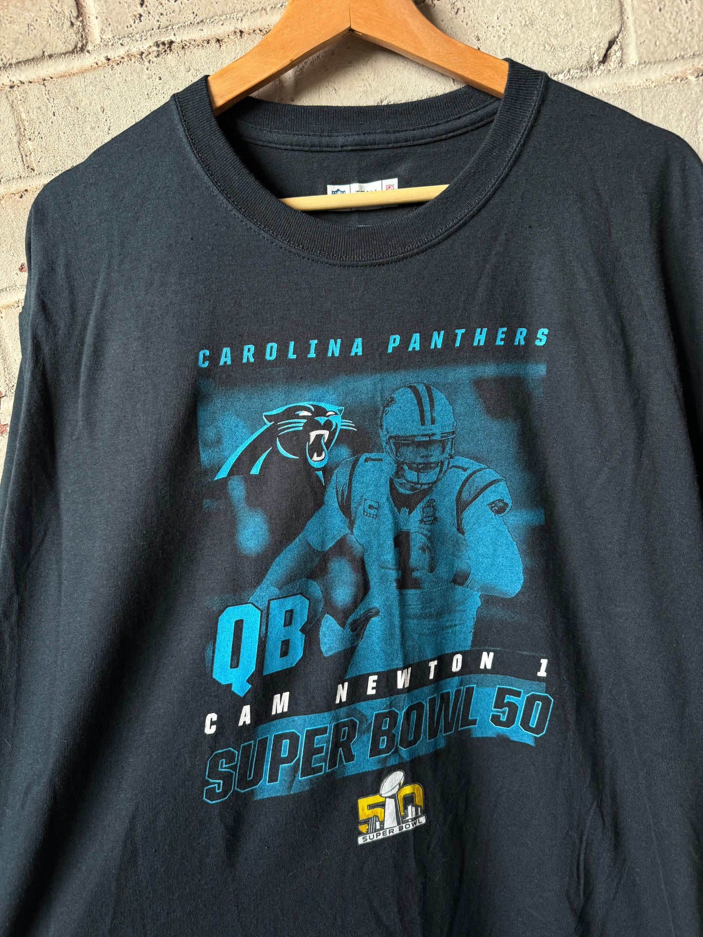 2015 Carolina Panthers Cam Newton Black Super Bowl 50 NFL Tee - Deadstock (Large)