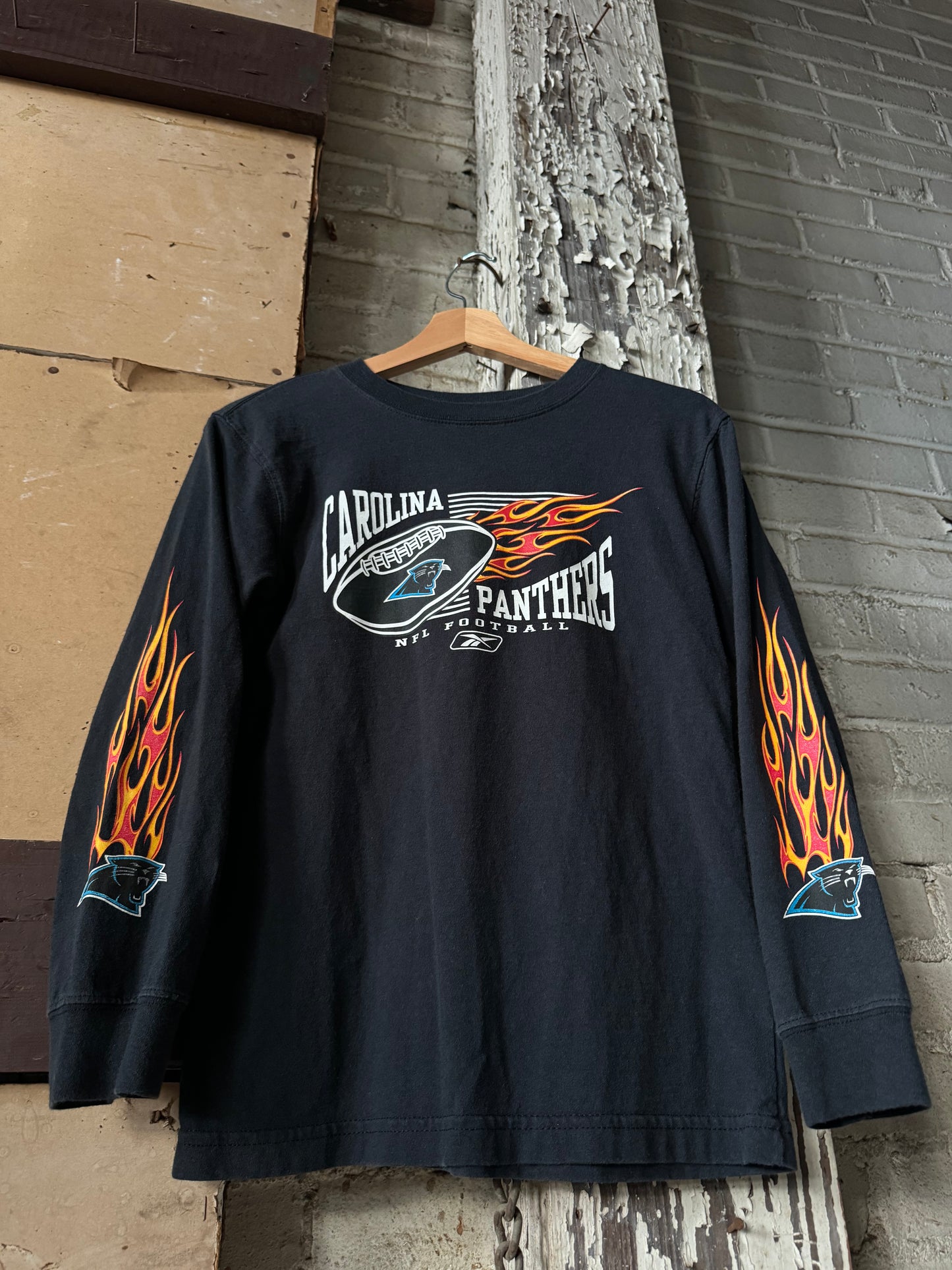 00’s Carolina Panthers Vintage Black Reebok Flame Print Sleeve NFL Longsleeve Tee (Youth Medium)