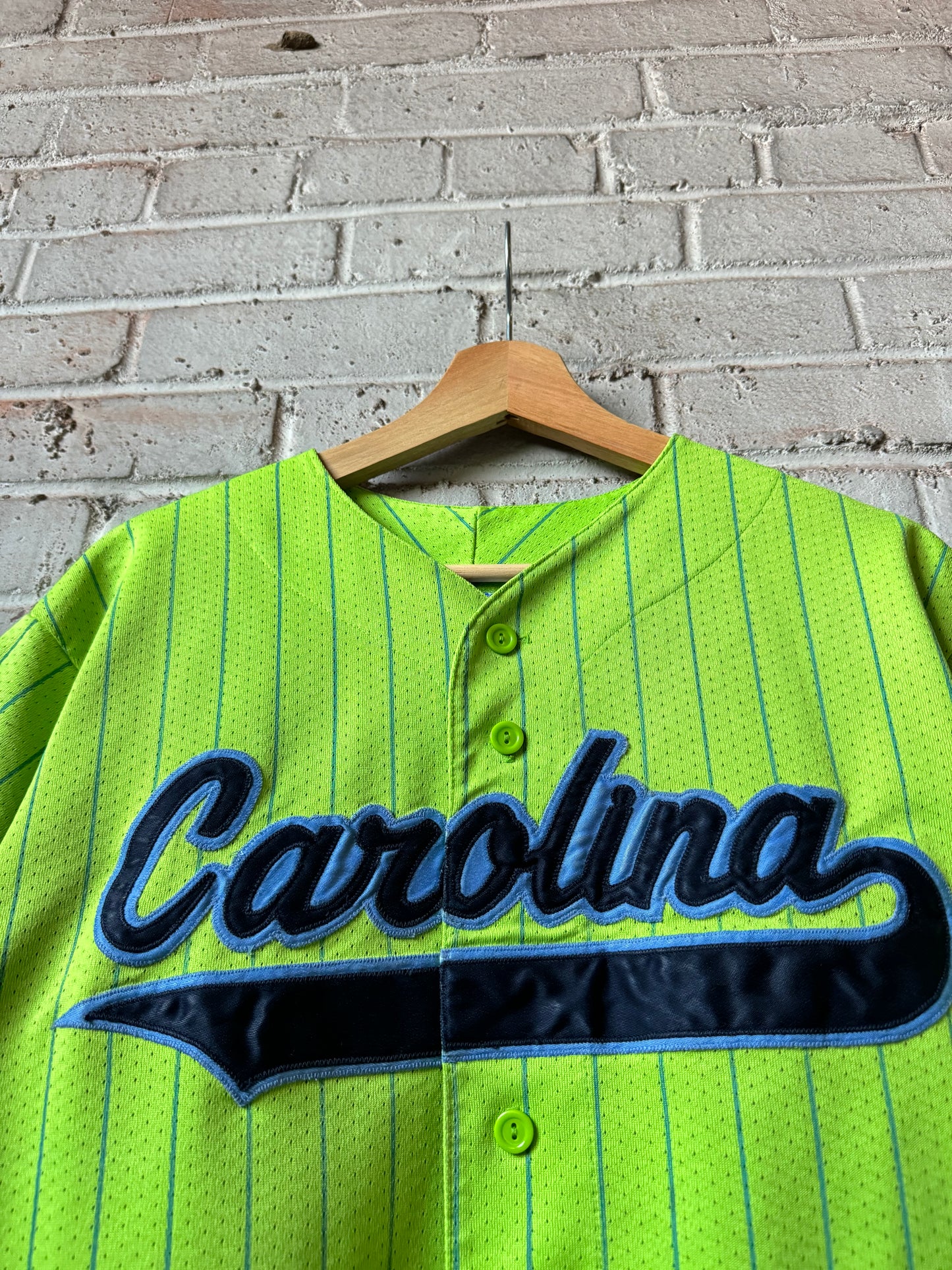 00’s UNC Carolina Tarheels Vintage Lime Green Pinstriped Baseball Jersey (Large)
