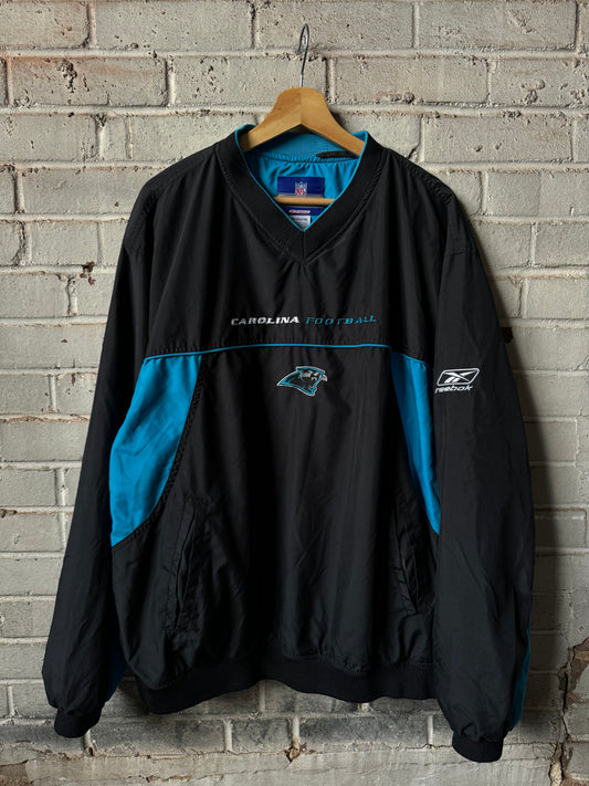 00’s Carolina Panthers Vintage Black Blue Colorblocked Reebok NFL Sideline Pullover Jacket (XL)