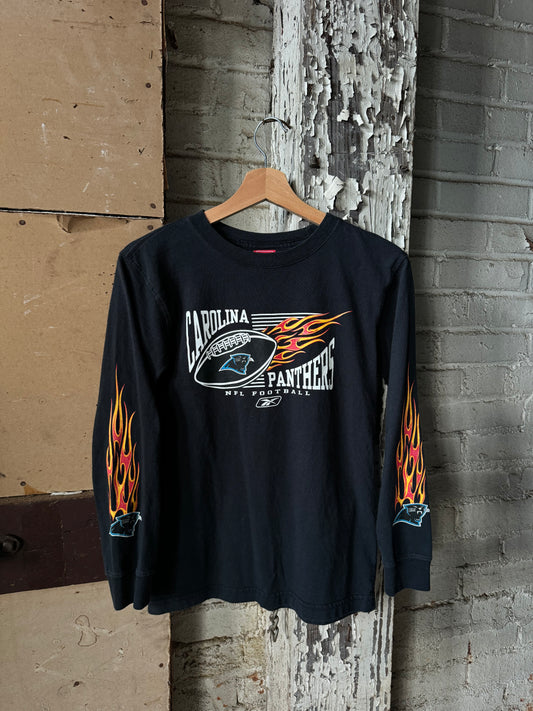 00’s Carolina Panthers Vintage Black Reebok Flame Print Sleeve NFL Longsleeve Tee (Youth Medium)