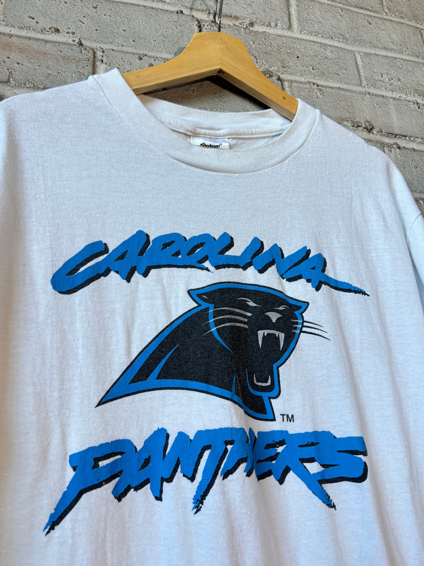 90’s Carolina Panthers Vintage White Cat Scratch Font NFL Tee (Medium)