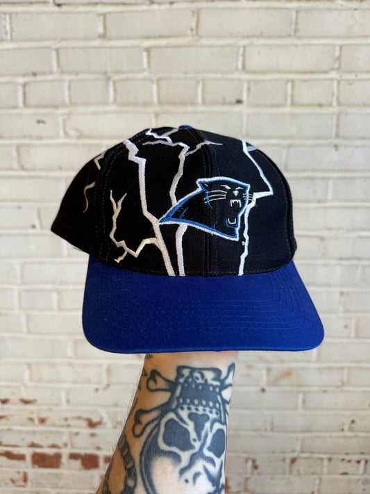 90’s Carolina Panthers Vintage Black Blue Lightning Print NFL Snapback Hat (OSFA)