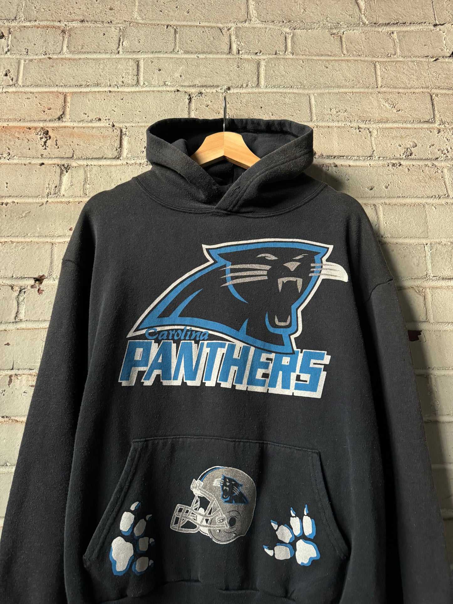 1993 Carolina Panthers Vintage Black Paw Prints NFL Expansion Era Big Logo Hoodie (Medium)