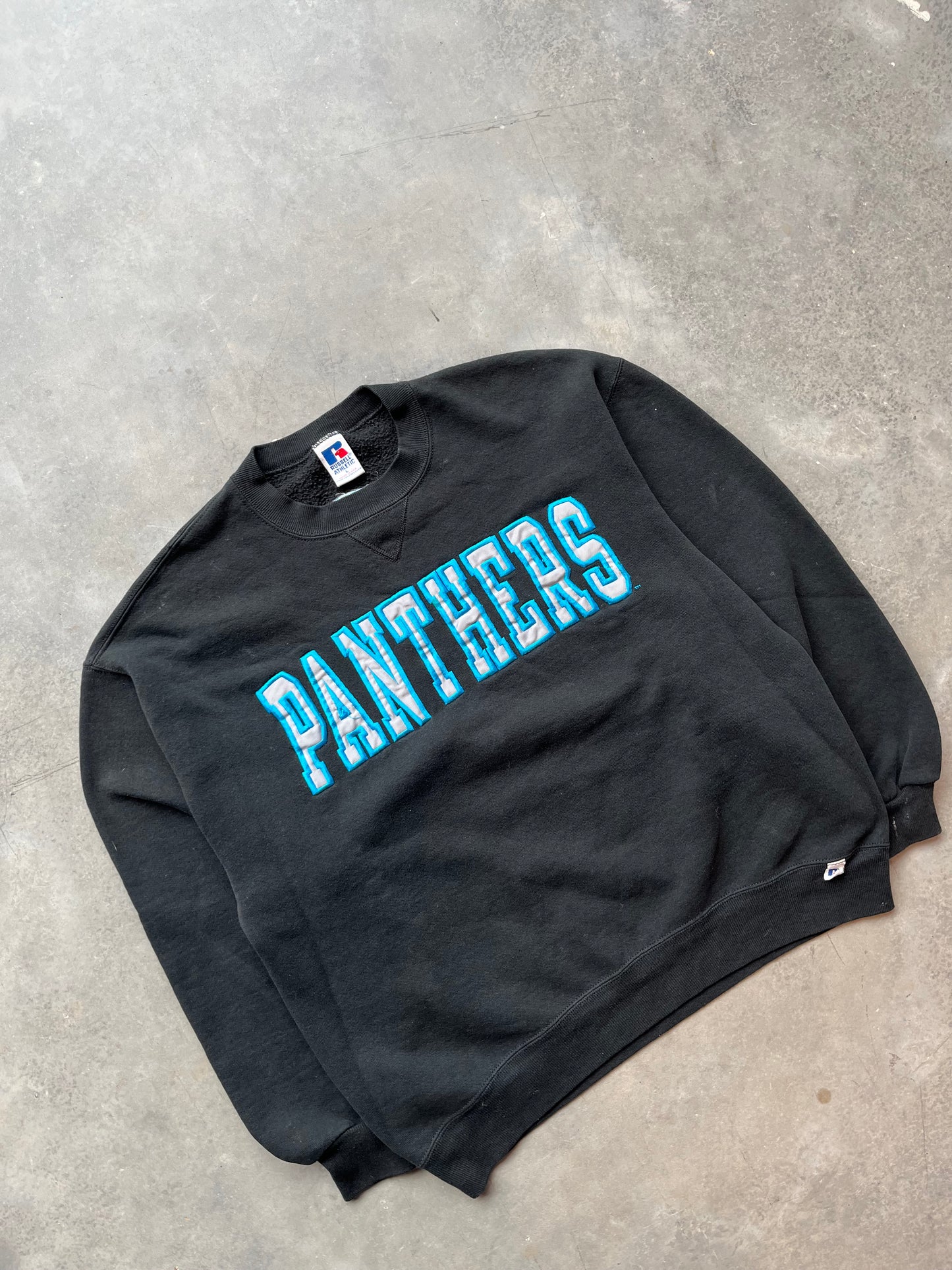 90's Carolina Panthers Russell Athletic Embroidered Spellout Crewneck Sweatshirt (Large)