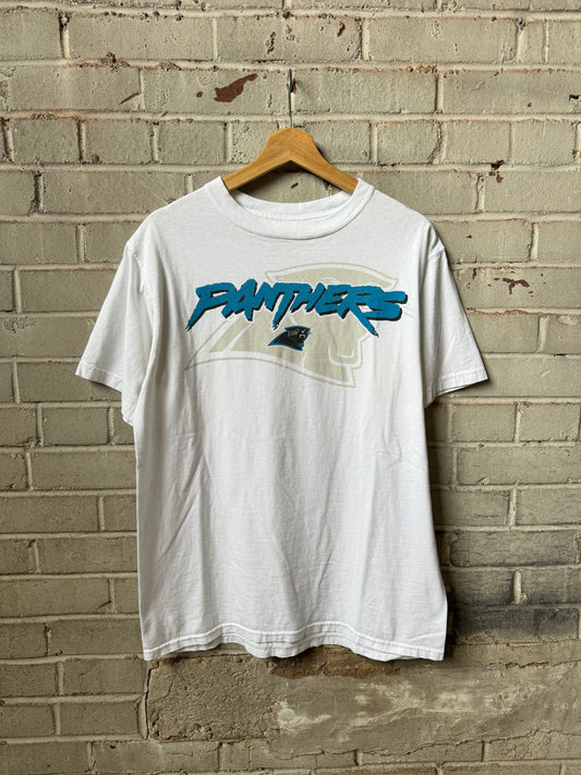 00’s Carolina Panthers Vintage White Cat Scratch Font Spellout NFL Tee (Medium)