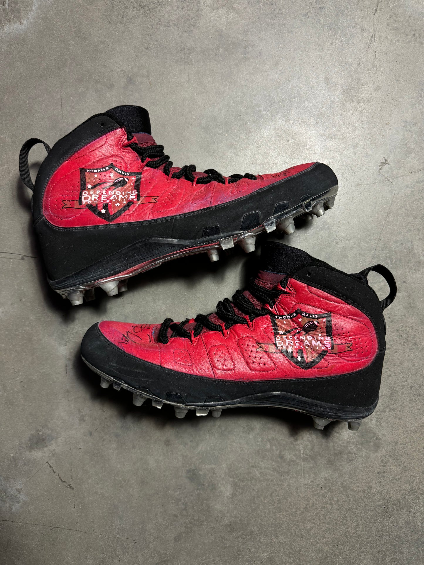 2016 Carolina Panthers Shaq Thompson x Thomas Davis Air Jordan 9 “My Cleats My Cause” Defending Dreams Foundation Game Worn PE Cleats - Autographed