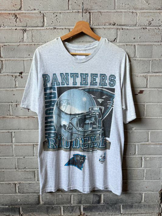 1998 Carolina Panthers Vintage Heather Grey Riddell Chrome Helmet NFL Tee (Medium)
