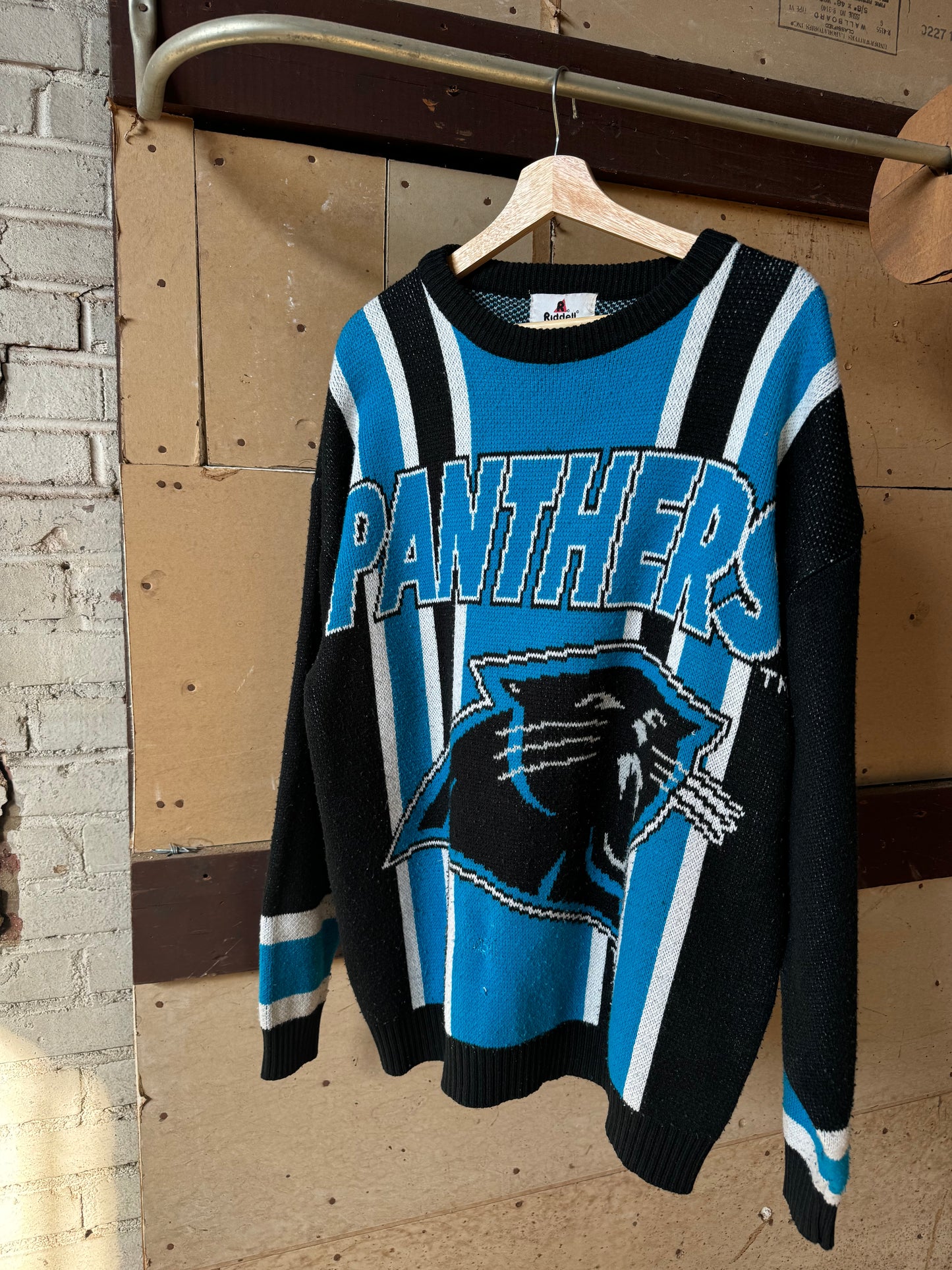 90’s Carolina Panthers Vintage Riddel Athletics Striped Knit NFL Sweater (XL)