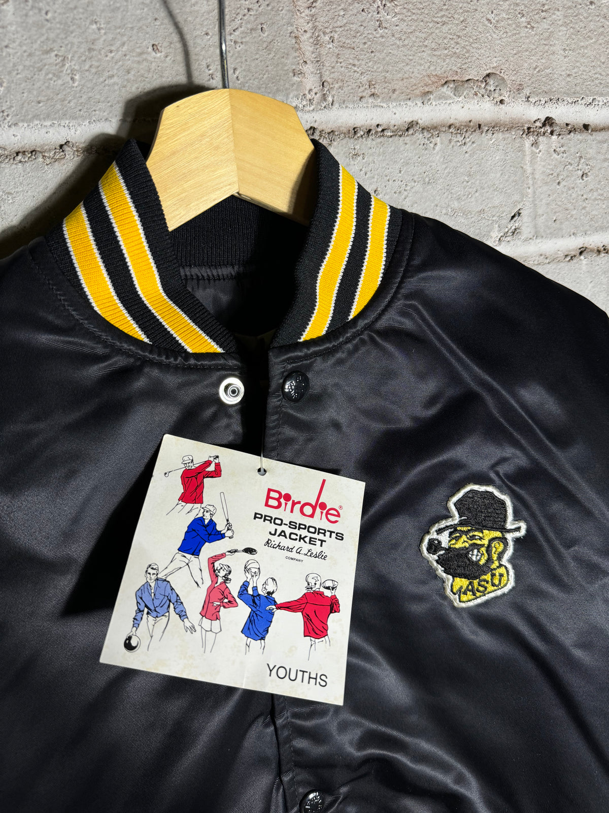 80’s Appalachian State University Mountaineers Vintage Black Yosef Mascot Logo College Satin Jacket - Deadstock (Small)