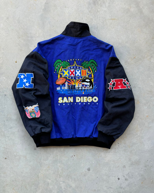 1998 Super Bowl XXXII Denver Broncos vs. Green Bay Packers Vintage NBC Sports Jeff Hamilton NFL Jacket (XL)