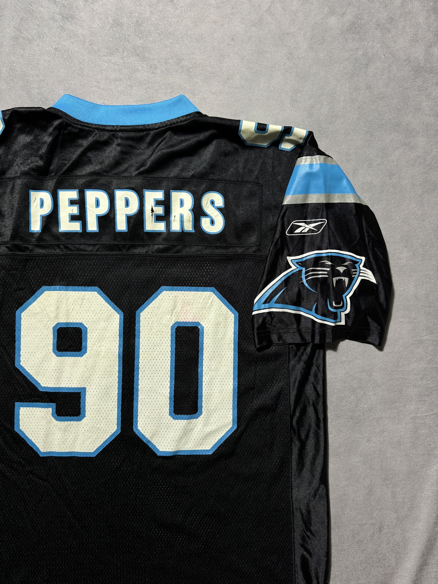 2002 Carolina Panthers Julius Peppers Vintage Black Reebok Rare Font Rookie Season NFL Jersey (Large)