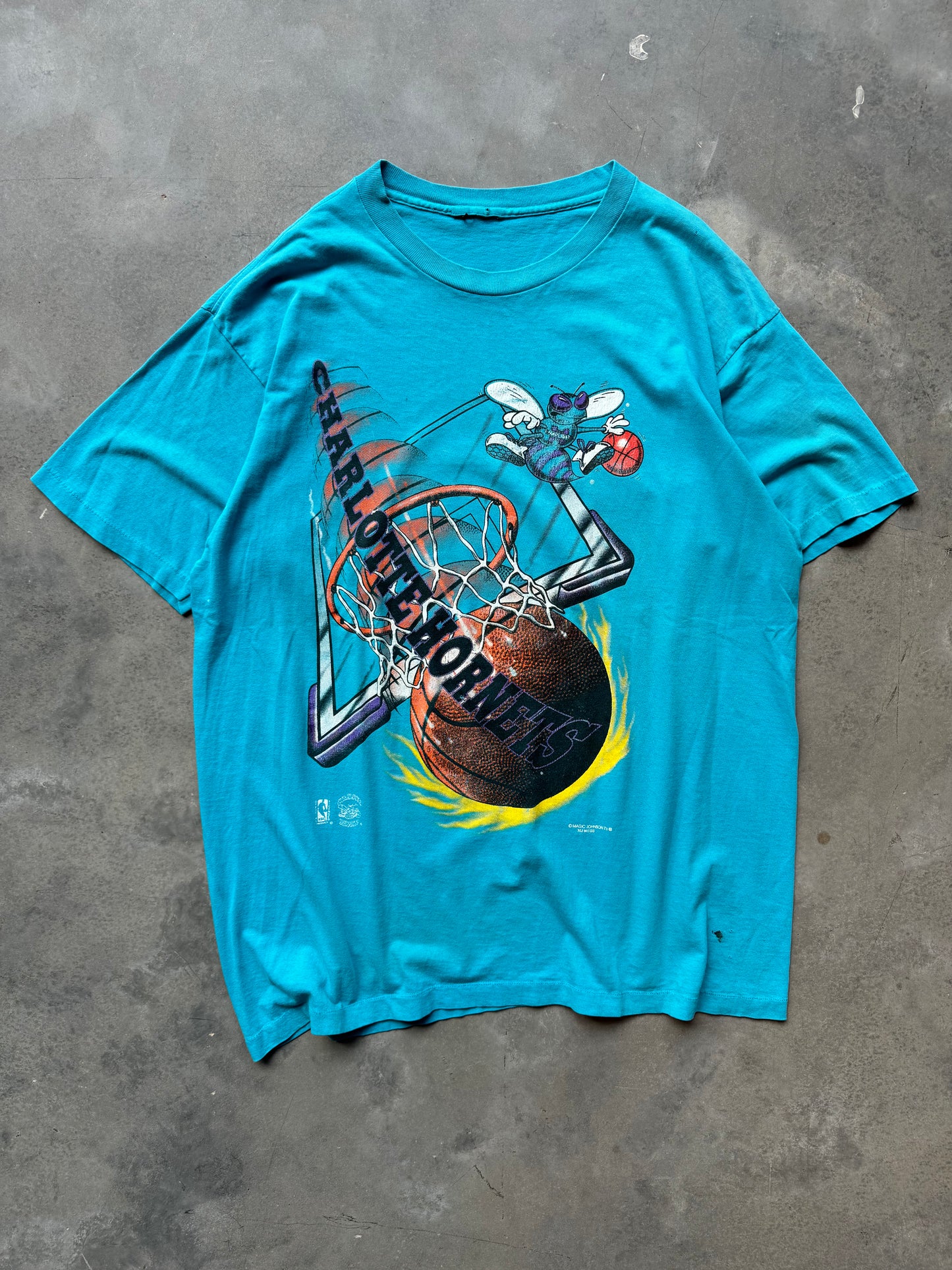 90’s Charlotte Hornets Vintage Faded Teal Flame Ball NBA Tee by Magic Johnson Tees (XL)