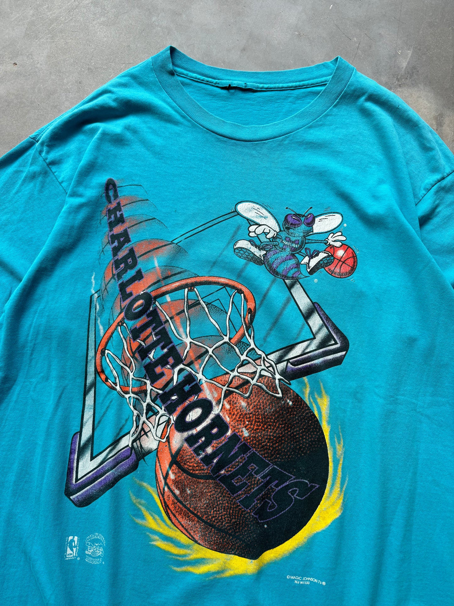 90’s Charlotte Hornets Vintage Faded Teal Flame Ball NBA Tee by Magic Johnson Tees (XL)